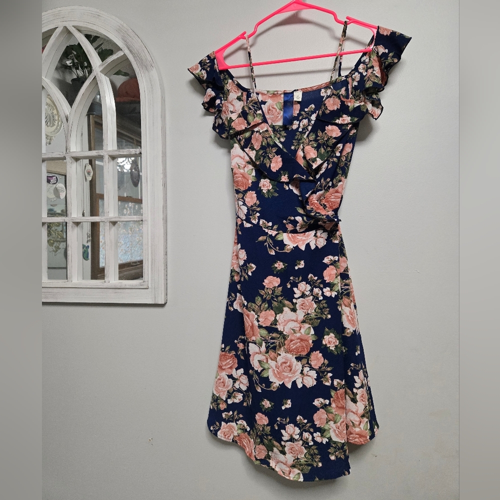 Navy Blue Floral Print Off The Shoulder Wrap Dress